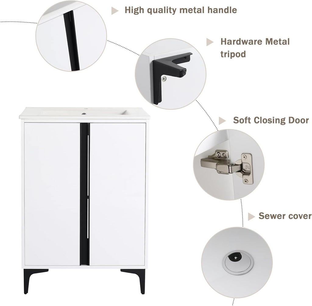 24" Bathroom Vanity with Ceramic Sink, Single Sink, 2 Doors, White W70363