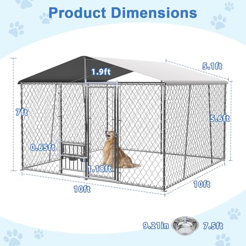 10x10x7FT Outdoor Dog Kennel with Cover and Bowls D9939