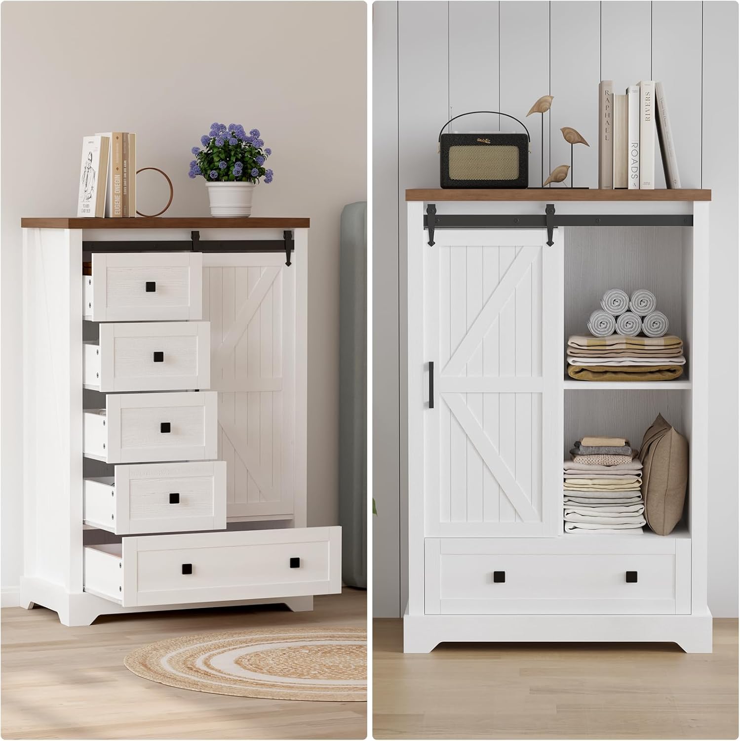 Farmhouse 5 Drawers Dresser with Sliding Barn Door and Adjustable Shelves K809