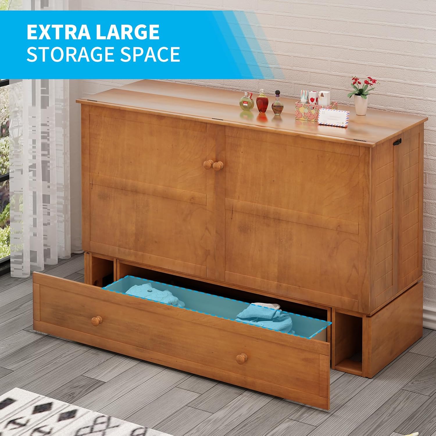 Queen Size Murphy Bed with Foldable Foam Mattress and Storage Drawer M962653