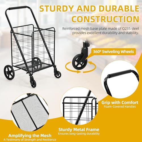 Folding Shopping Cart with Wheels, Portable Grocery Cart for Seniors T5804