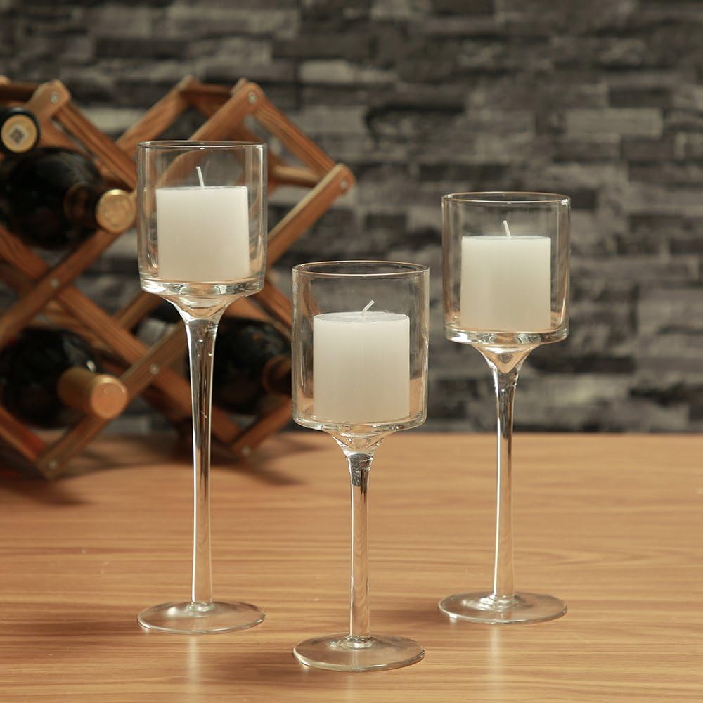 Set of 3 Tall Clear Glass Candlestick & Tealight Holders for Table Centerpiece Decor O2697