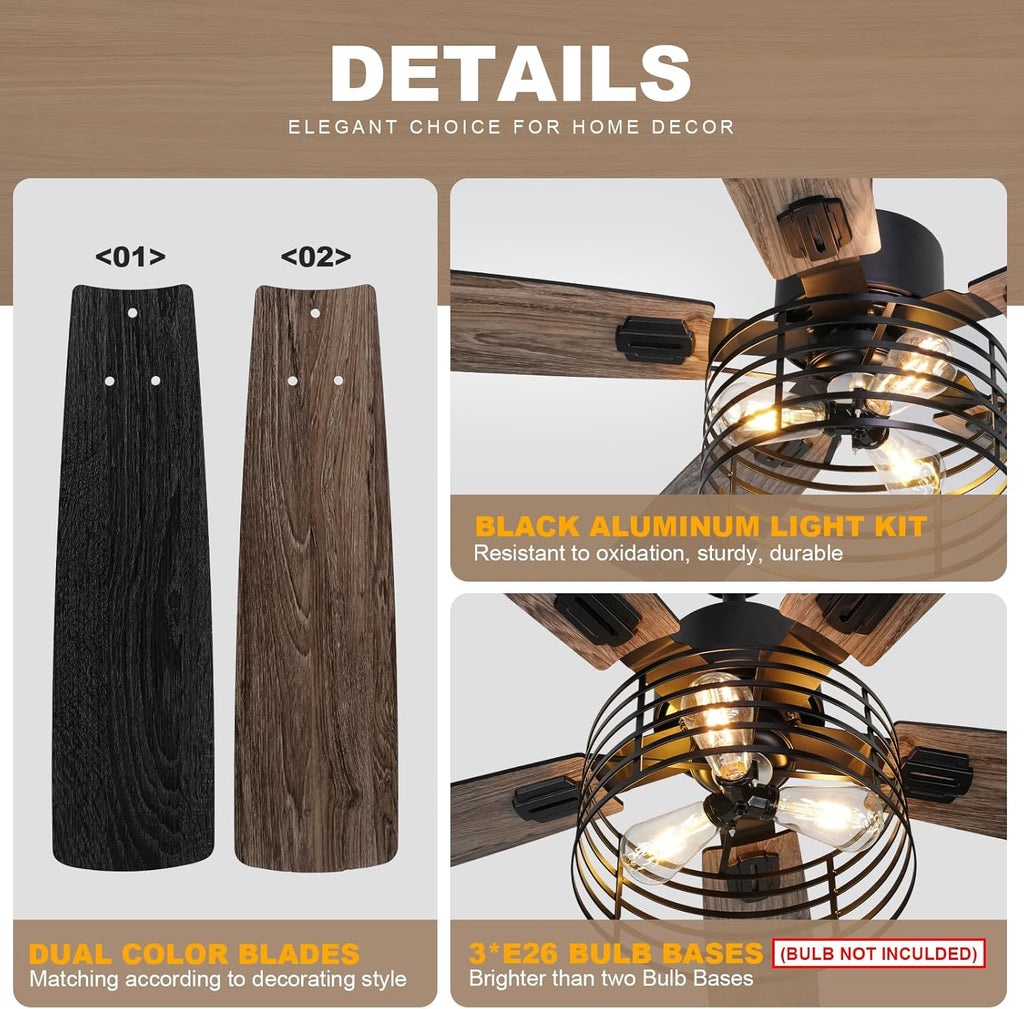 52 Inch Farmhouse Ceiling Fan with Light and Remote, Rustic Caged Design K281575