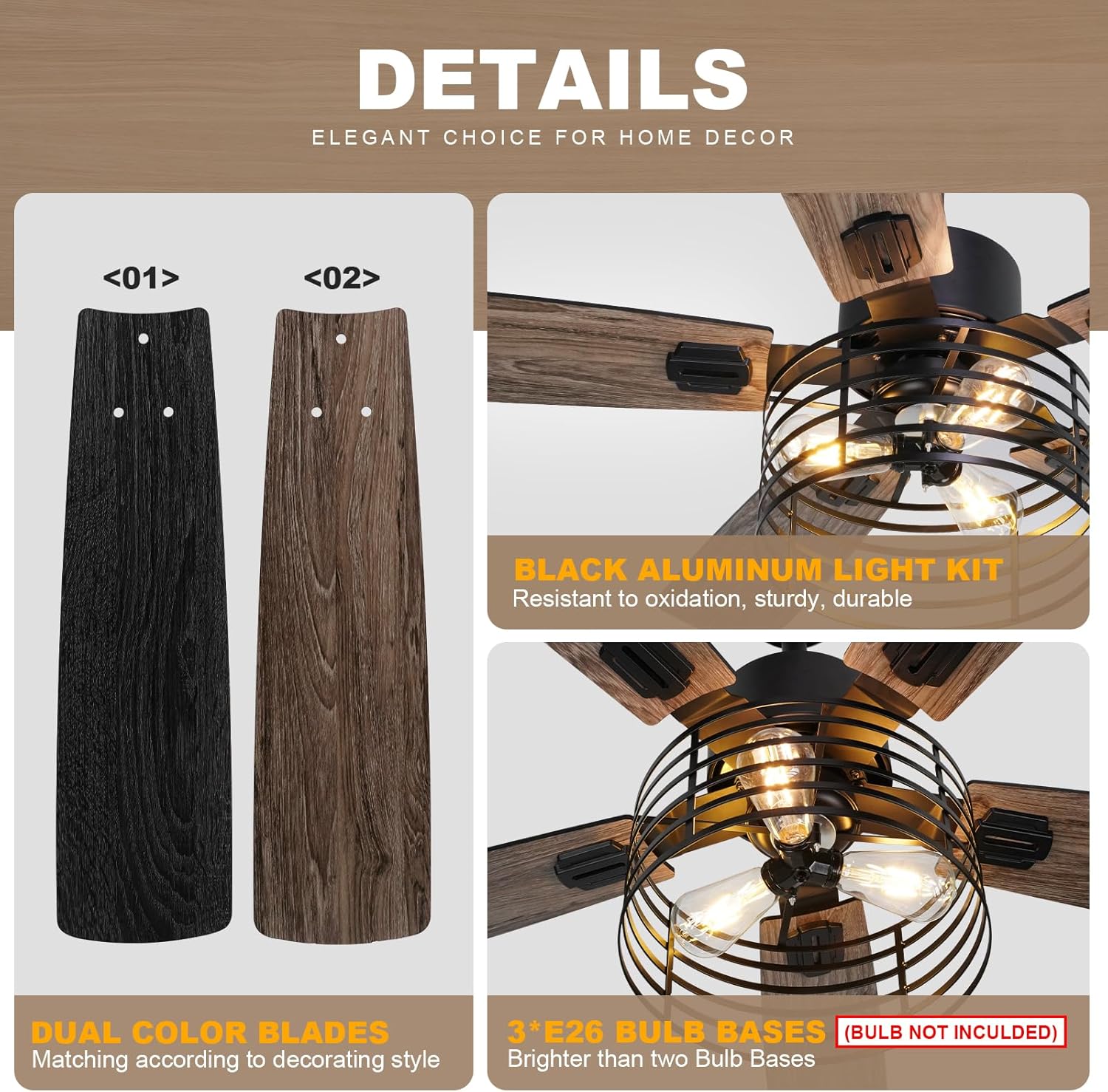 52 Inch Farmhouse Ceiling Fan with Light and Remote, Rustic Caged Design K281575