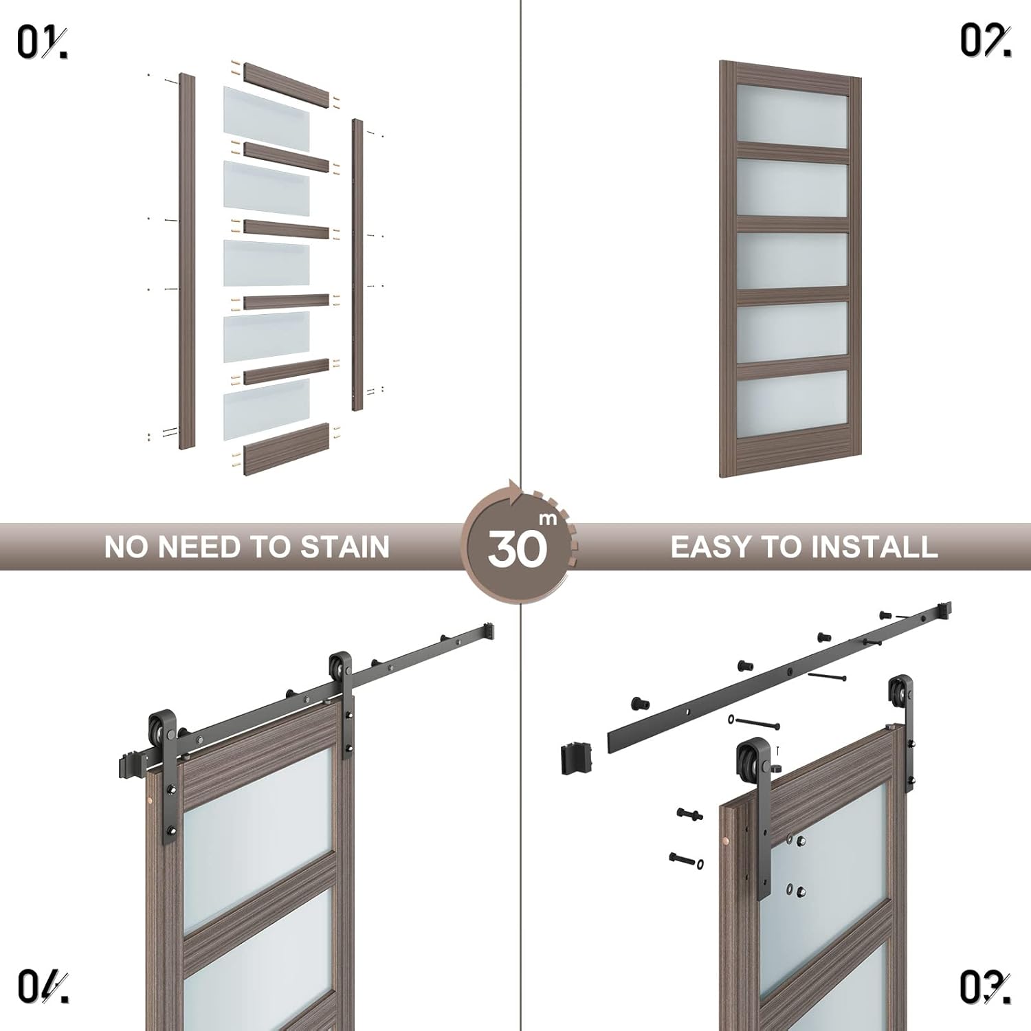 Glass Sliding Barn Door Slab with Hardware Kit, MDF Wood Panel, PVC Surface U32901