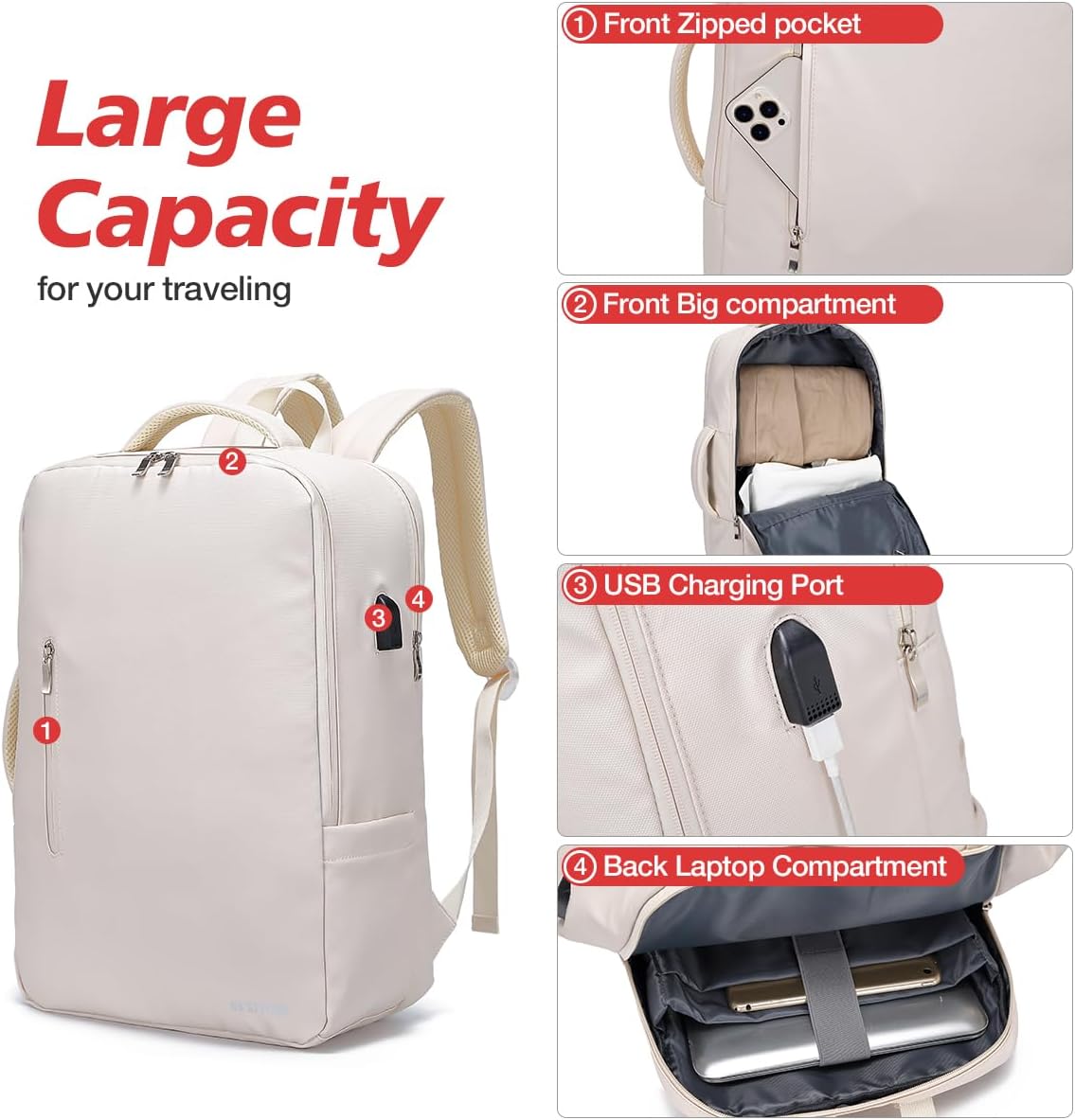 Travel Backpack for Women, Underseat Carry On, Waterproof with Charging Port S3234