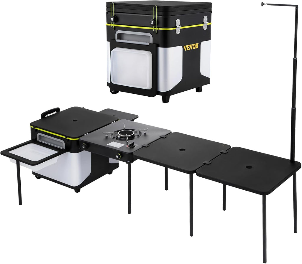 VEVOR Camping Kitchen, Outdoor Cooking Station Multifunctional Integrated Box with Wheels & Windproof Stove Portable Folding Tables Storage Organizer, for Picnic BBQ Beach Traveling, Black