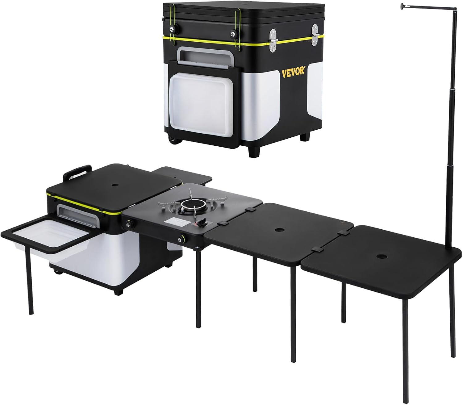 VEVOR Camping Kitchen, Outdoor Cooking Station Multifunctional Integrated Box with Wheels & Windproof Stove Portable Folding Tables Storage Organizer, for Picnic BBQ Beach Traveling, Black