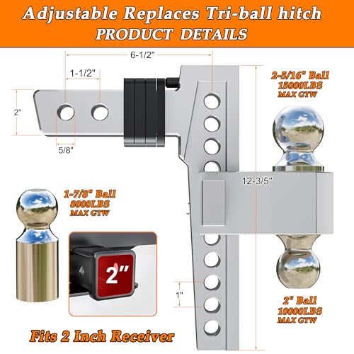 Adjustable Drop Hitch Tri-Ball for 2-Inch Receiver, 8 Inch Drop, 15000 lbs Z649