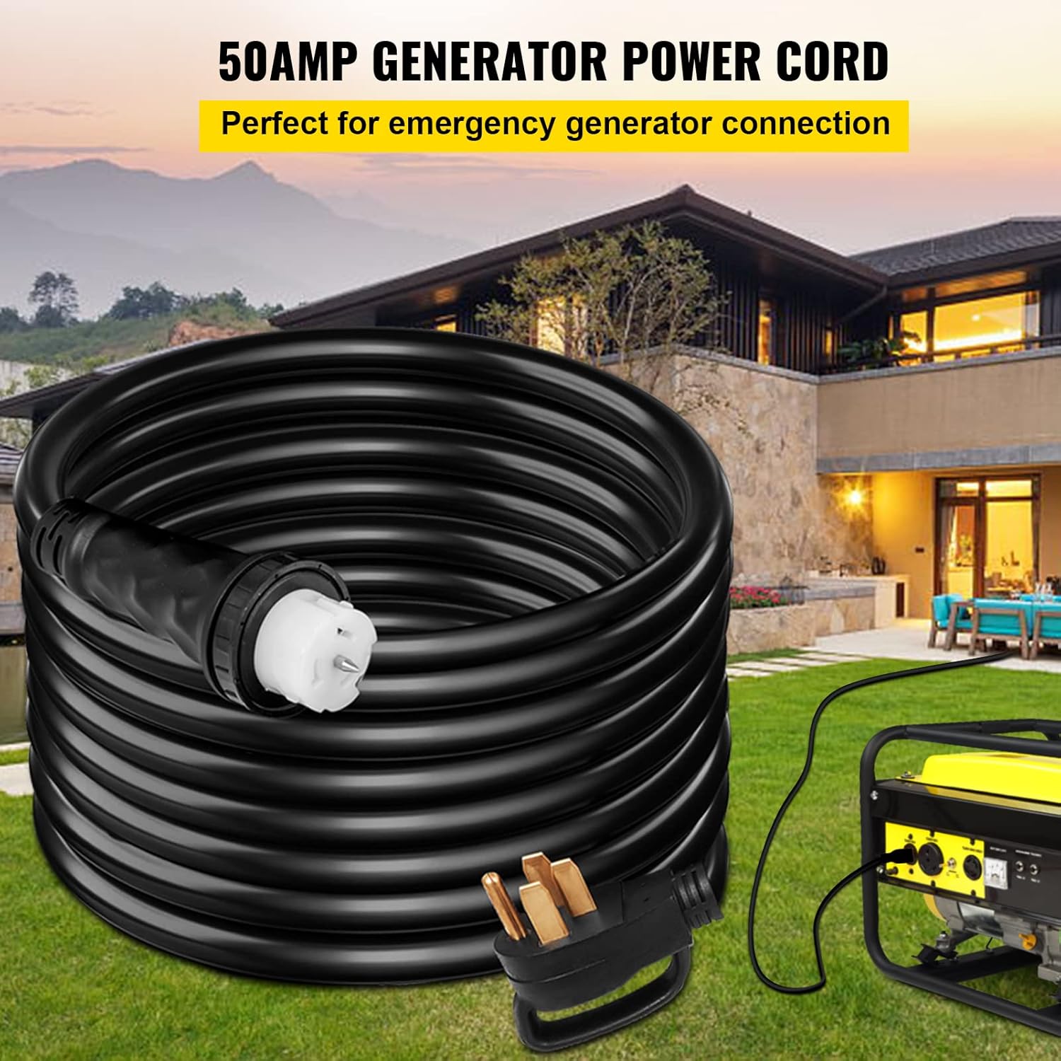 50 ft 50 Amp Generator Extension Cord 4 Wire 8 Gauge 125V 250V Twist Lock Connectors H470356