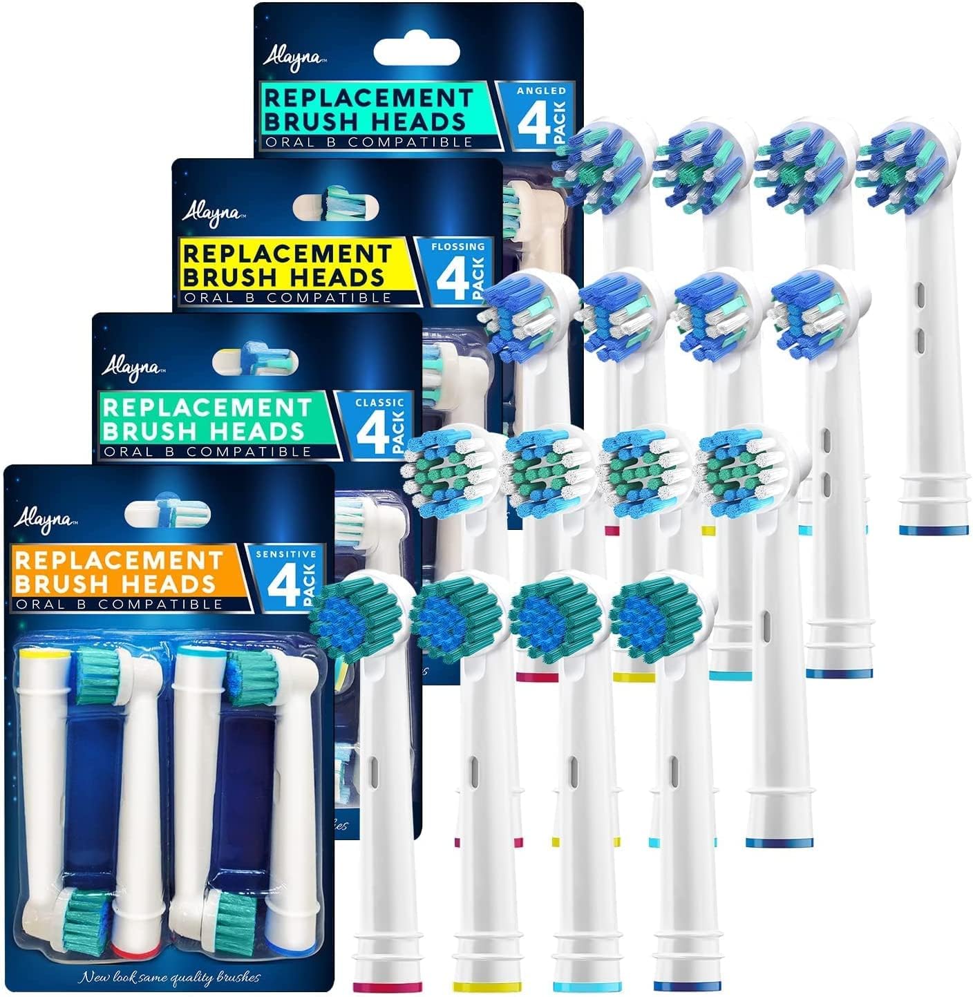 Alayna Replacement Toothbrush Heads for Oral B Braun Electric Toothbrushes - 16 Assorted Brush Head Refills Compatible w/OralB (4) Cross Clean, Floss, Precision, Sensitive (Fits most Oral-B Bases)