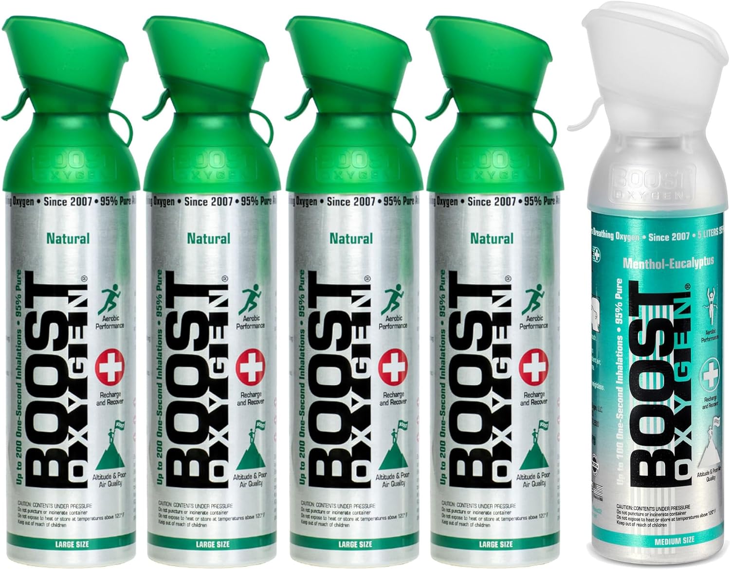 Boost Oxygen 10 Liter All Natural Flavored (4 Pack) and 5 Liter Eucalyptus Flavored (1 Pack) Supplemental Canned Oxygen Bottle with Mouthpiece
