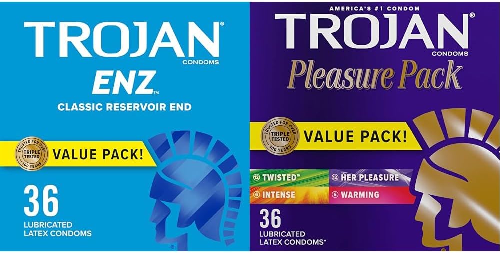 TROJAN ENZ Lubricated Condoms, Latex Condoms & Pleasure Pack Assorted Condoms, Lubricated Condoms Value Pack, 36 Count