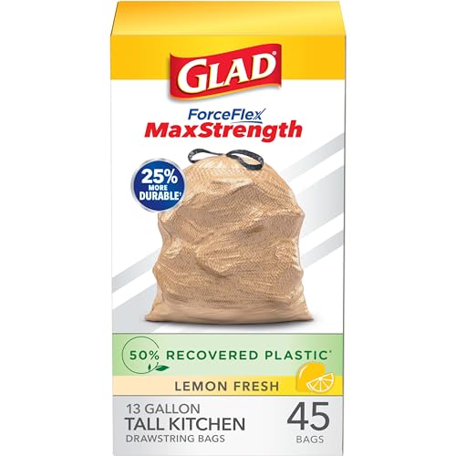 Glad Trash Bags, ForceFlex MaxStrength Tall Kitchen Drawstring Garbage Bags, 13 Gallon, 50% Recovered Plastic*, Lemon Fresh, 45 Count