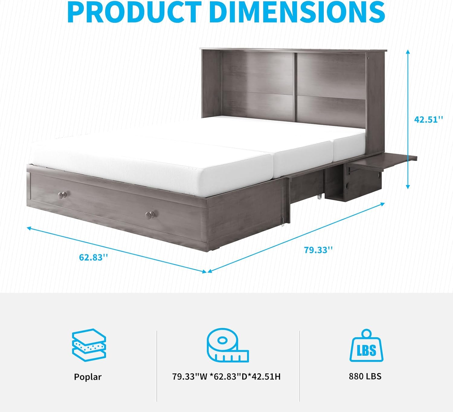 Queen Size Murphy Bed with Foldable Foam Mattress and Storage Drawer F178967